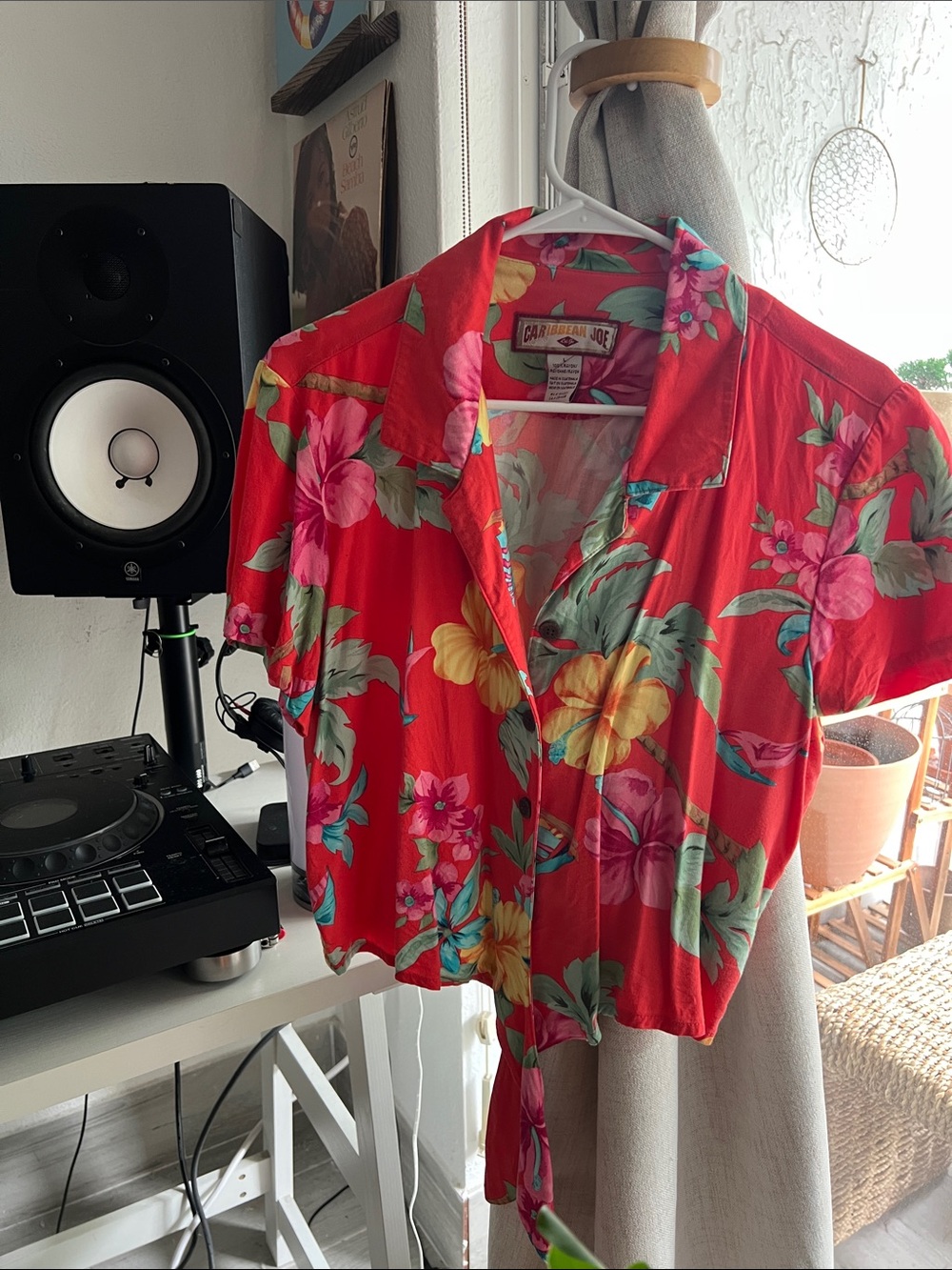 Caribbean Joe Red Tropical Floral Tie-Front Crop Top